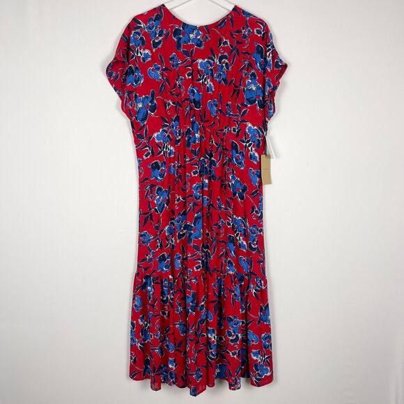NWT Halogen Midi Dress Floral Size Medium Red Crepe Chiffon Tiered Stretch Waist - Picture 5 of 12